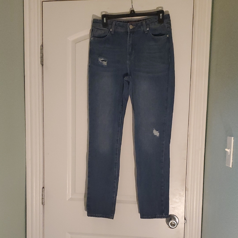 Mid-Rise Straight Leg Distressed Blue Jeans